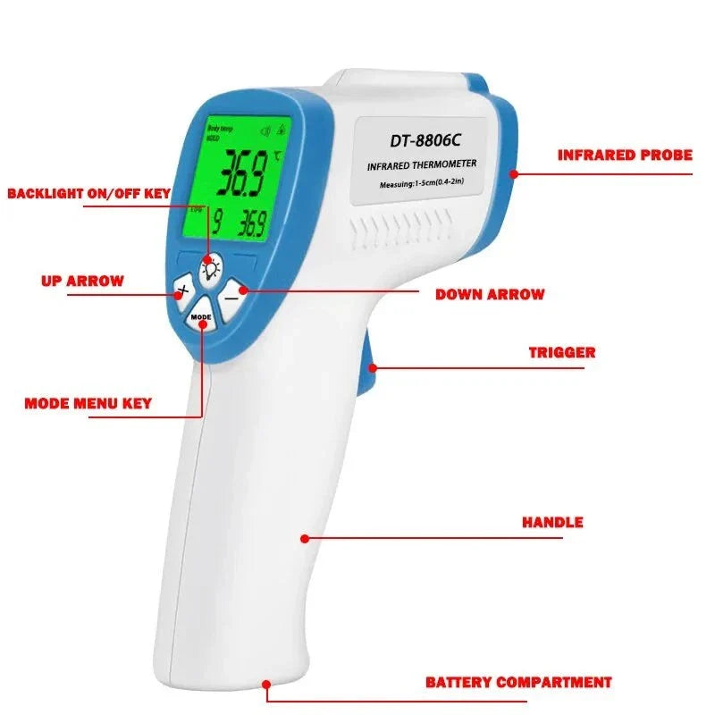 Digital Infrared Forehead Thermometer with ergonomic design and easy-to-read display for quick, accurate temperature readings.