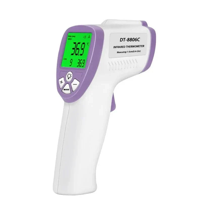 Digital infrared forehead thermometer with ergonomic design and display.