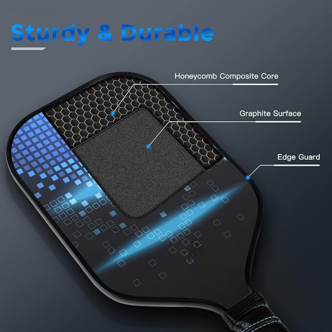 Sturdy pickleball paddle with honeycomb composite core, graphite surface, and edge guard. Ideal for competitive play.