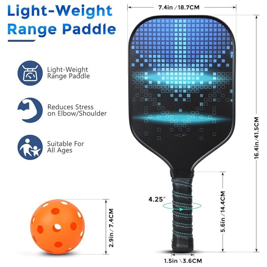 Light-weight pickleball paddle set with dimensions and features, including a ball.