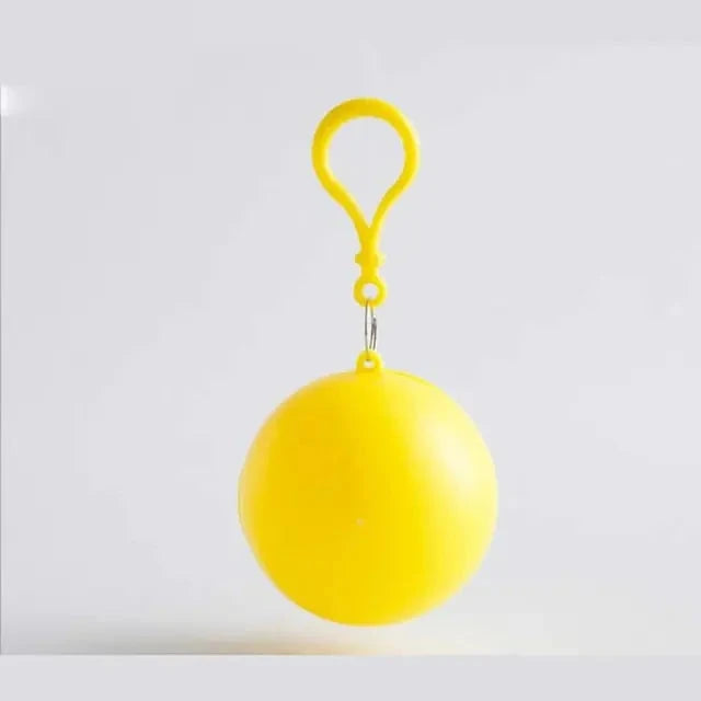 Disposable rain poncho with yellow key ring for convenient rain protection.