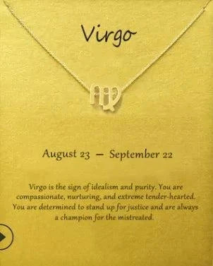 Virgo zodiac sign pendant necklace on a yellow card with sign description.