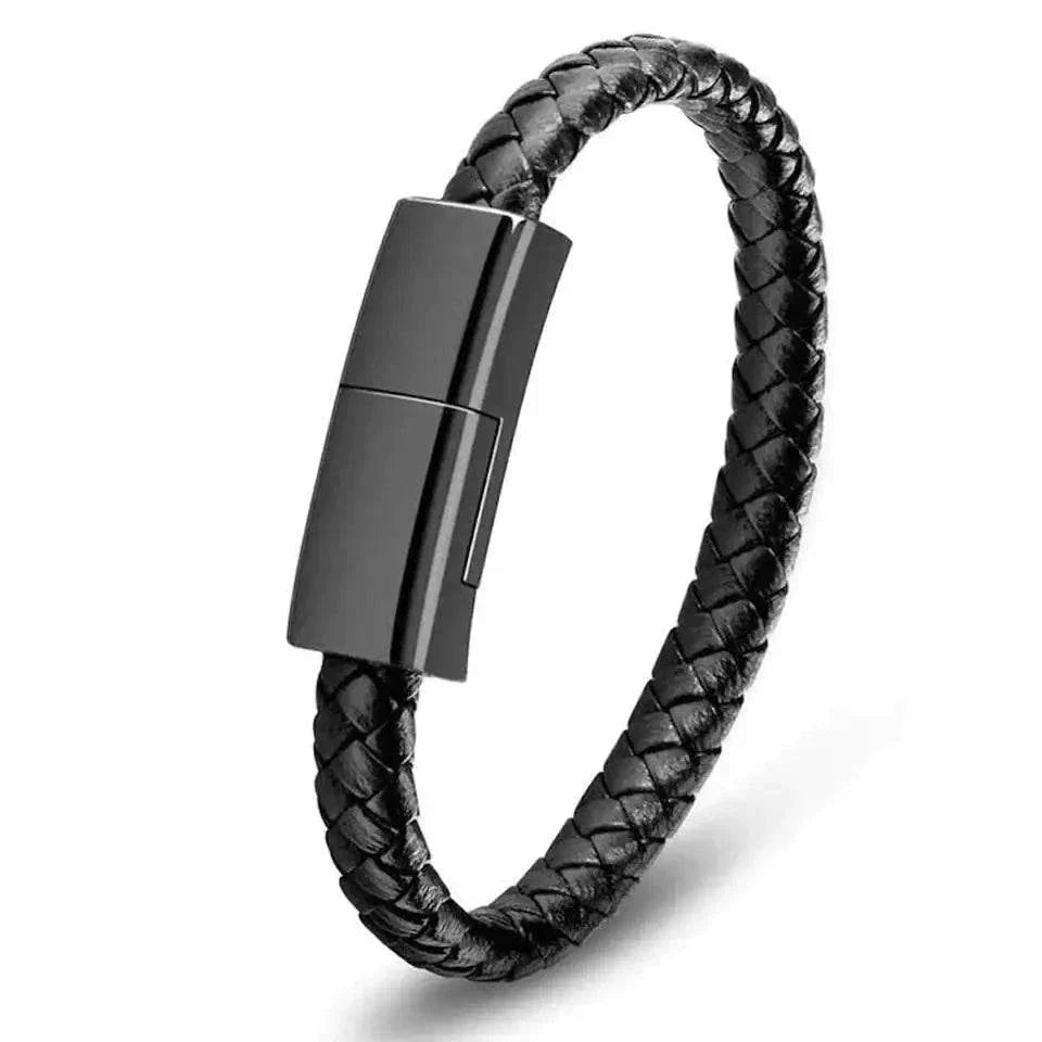 Stylish charger bracelet with hidden charging cable for on-the-go power.