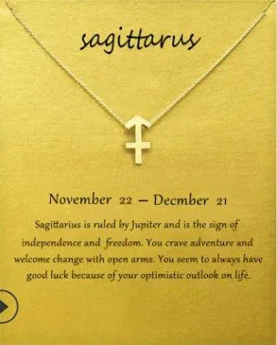  Zodiac Sign Pendant Necklace featuring Sagittarius symbol on gold chain with description card.