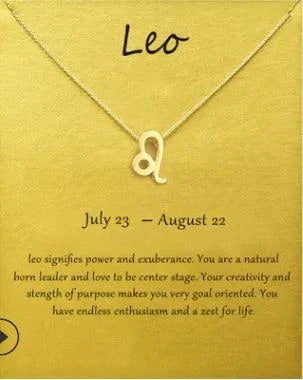 Zodiac Sign Leo Pendant Necklace on gold background with description.