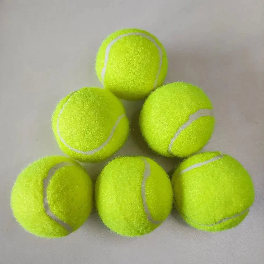 Six neon green tennis balls for dogs, 5cm diameter, ideal for pets and ball machines.