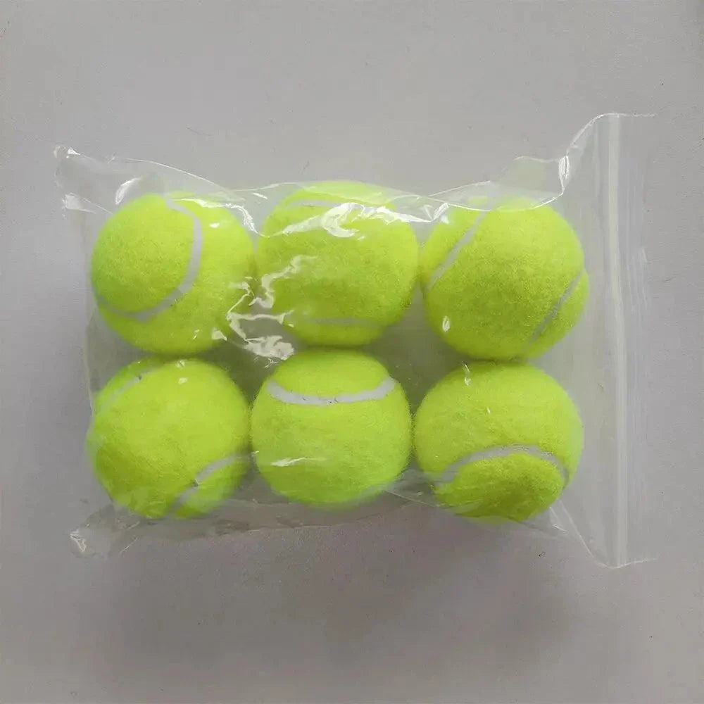 6-pack of 5cm tennis balls for dogs, suitable for launchers, pet play, and children, in clear packaging.