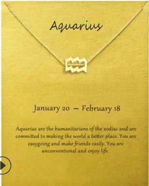 Aquarius zodiac sign pendant necklace on gold card with constellation description.