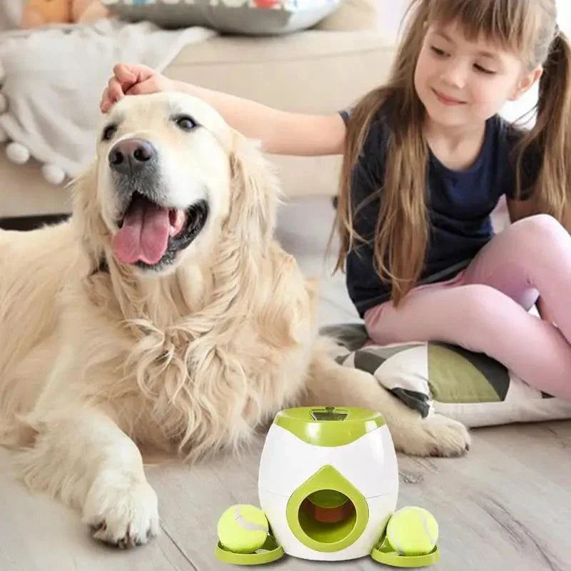 Dog Toy and Puppy Tennis Ball Launcher Toy With Food Treat Dispenser thats a Interactive dog ball thrower with food reward feature for pets, providing engaging exercise and entertainment.