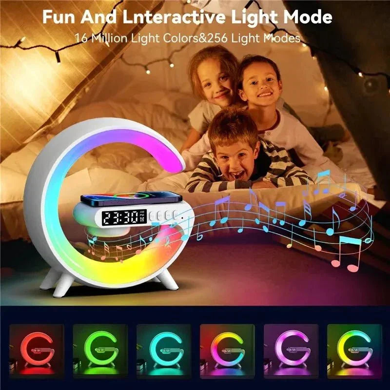 G-Shape LED Lamp with Bluetooth Speaker and Wireless Charger, featuring 16 million colors and 256 light modes, perfect for enhancing ambiance and entertainment.