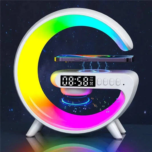 G-Shape LED lamp with Bluetooth speaker and wireless charger in vibrant colors.