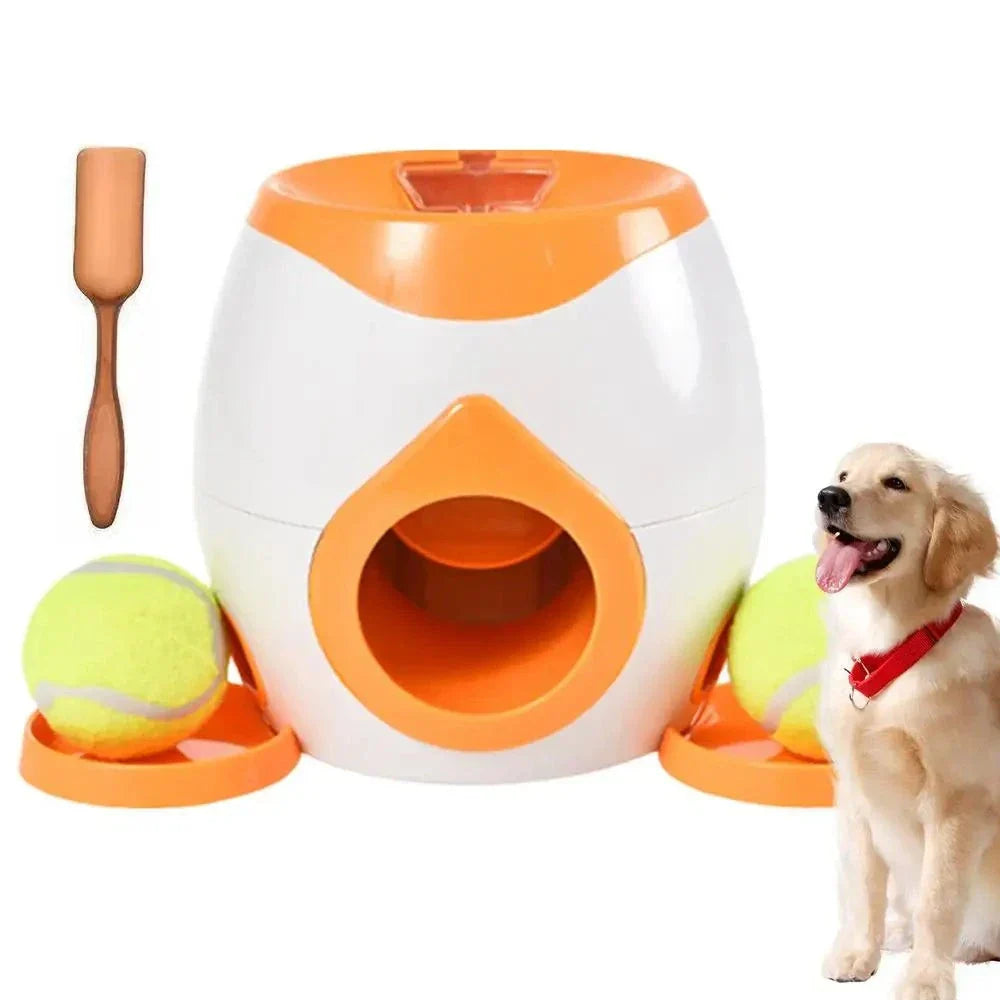 Dog Toy and Puppy Tennis Ball Launcher Toy With Food Treat Dispenser thats a Interactive dog ball thrower with food reward feature for pets, providing engaging exercise and entertainment.