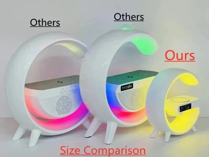 G-Shape LED Lamp with Bluetooth Speaker & Wireless Charger in size comparison to other lamps.