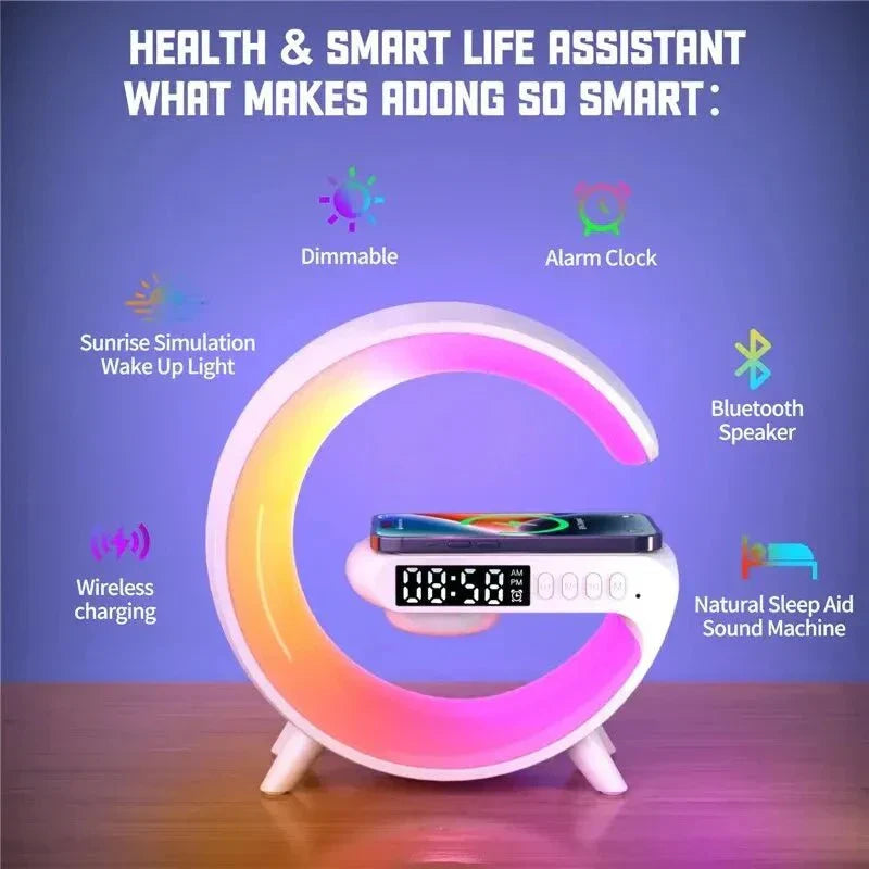 G-Shape LED lamp with Bluetooth speaker and wireless charger, featuring dimmable light, alarm clock, sunrise simulation, and sleep aid sound machine.