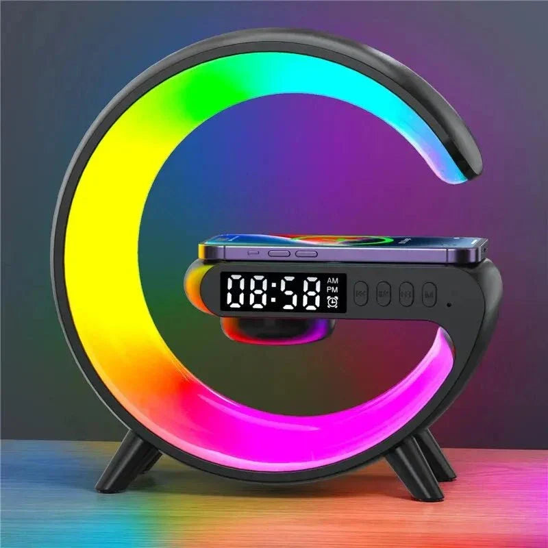 G-Shape LED Lamp with Bluetooth Speaker and Wireless Charger displaying vibrant colors and charging a device.