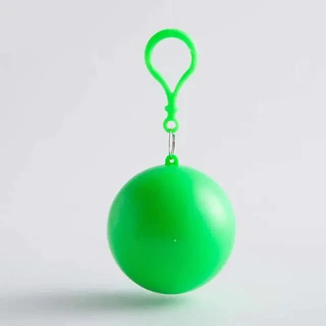 Disposable rain poncho with key ring in green, compact and lightweight for easy portability.