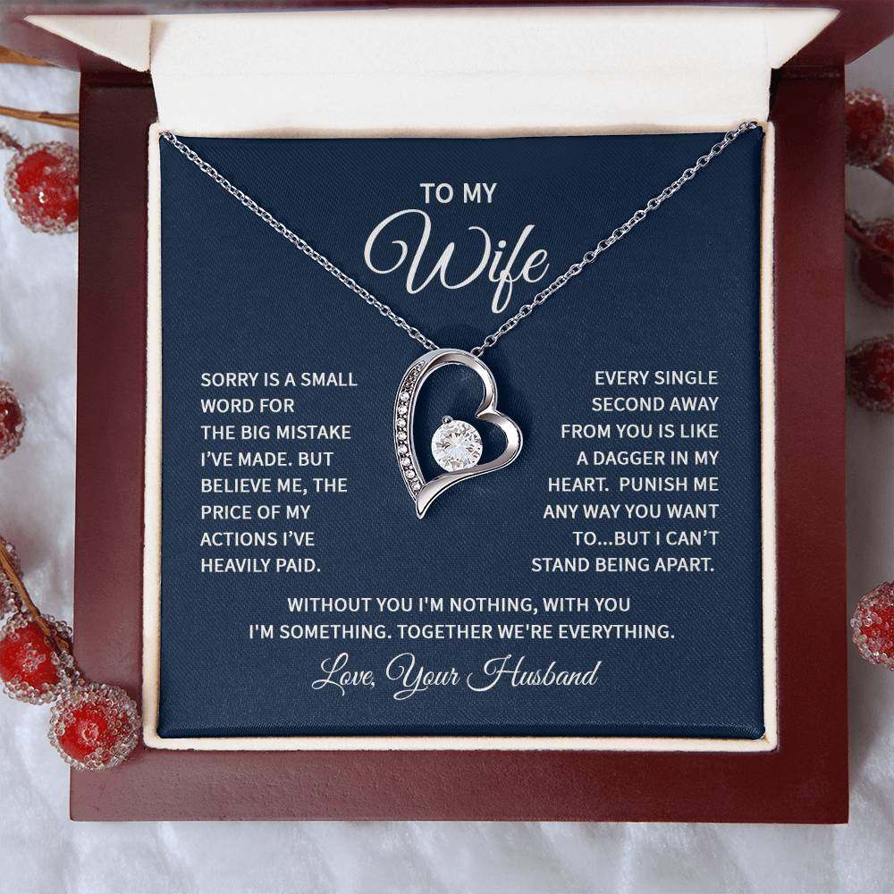 Wife heart necklace with CZ crystal pendant in gift box.