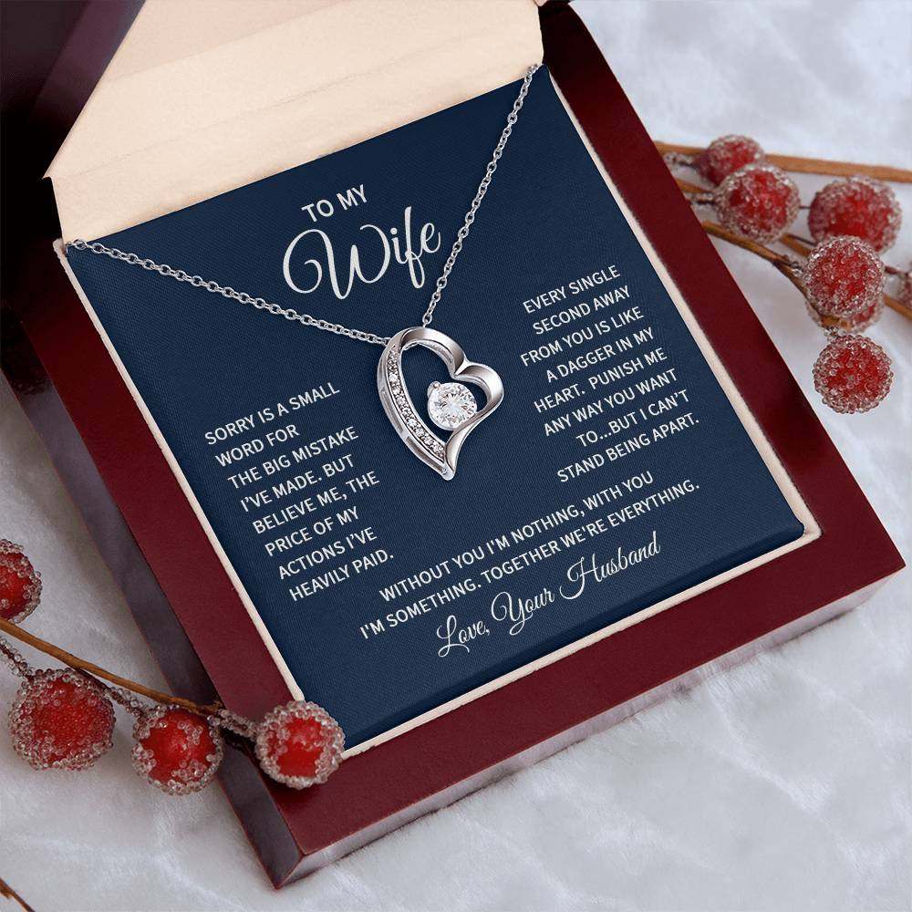 To My Wife heart necklace with cubic zirconia crystal in gift box.