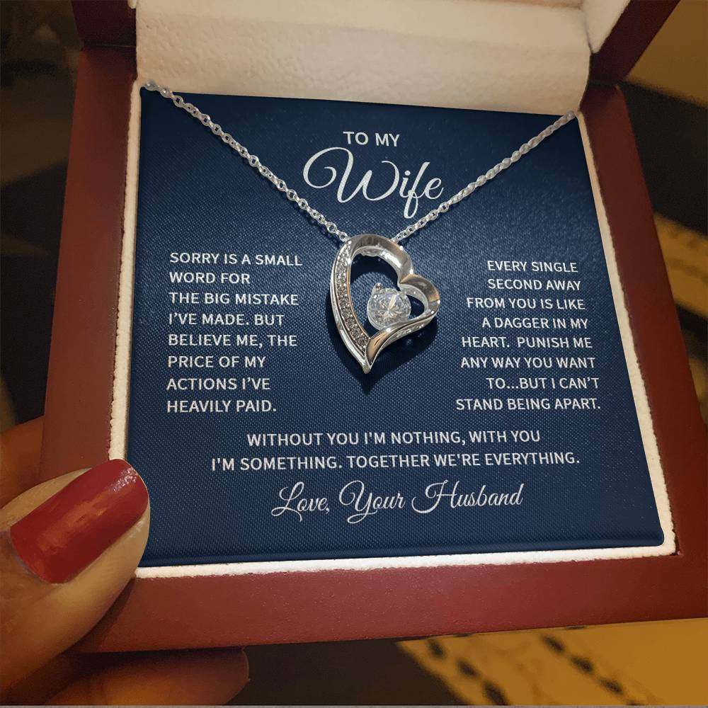 Wife heart necklace with crystal pendant in gift box.