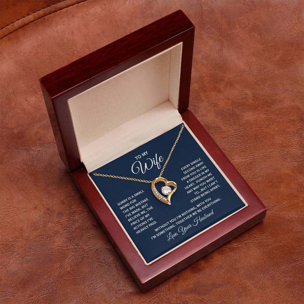 Heart necklace for wife with CZ crystal, white or yellow gold finish, in gift box.