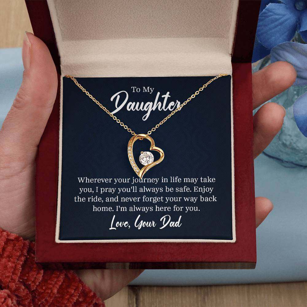 Forever Love Necklace with heart pendant and CZ crystal in gift box, gold finish.