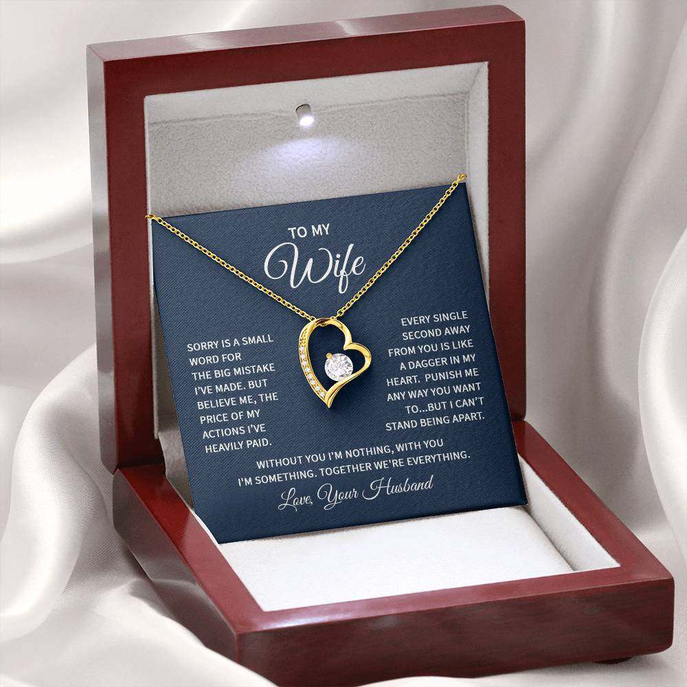 Wife heart necklace in luxury mahogany box with LED spotlight.