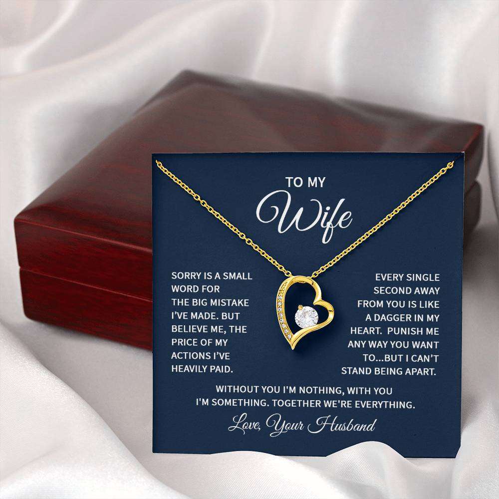 Heart necklace for wife with cubic zirconia and gold finish in gift box.