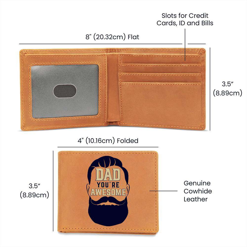 Leather wallet with "Dad You're Awesome" design, genuine cowhide, brown, bifold style, features credit card slots and ID window.