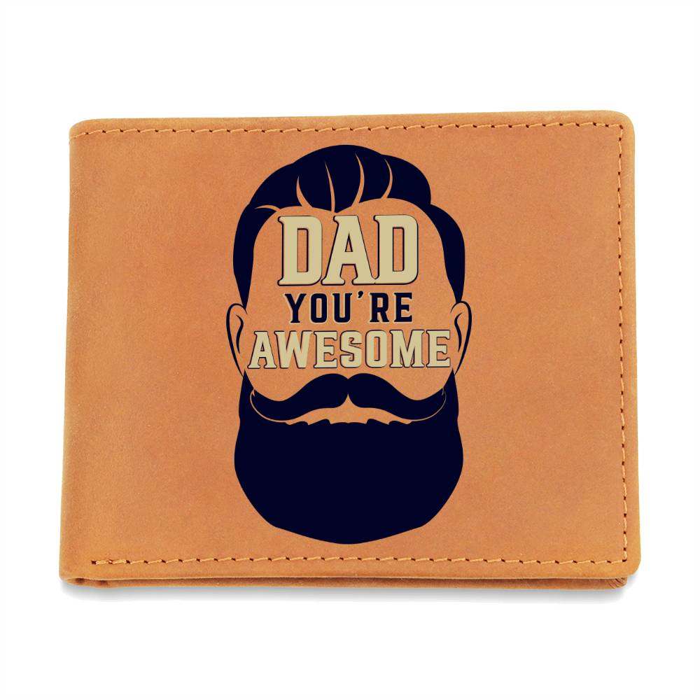 Leather wallet with "Dad You're Awesome" graphic, genuine full grain cowhide, warm brown color, gift-ready.