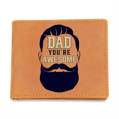 Leather wallet with "Dad You're Awesome" graphic, genuine full grain cowhide, warm brown color, gift-ready.