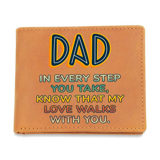 Leather wallet for dad with sentimental message in warm brown cowhide, ideal gift.