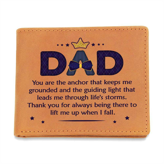 Leather wallet with "Dad You Are The Anchor" design, gift for fathers.