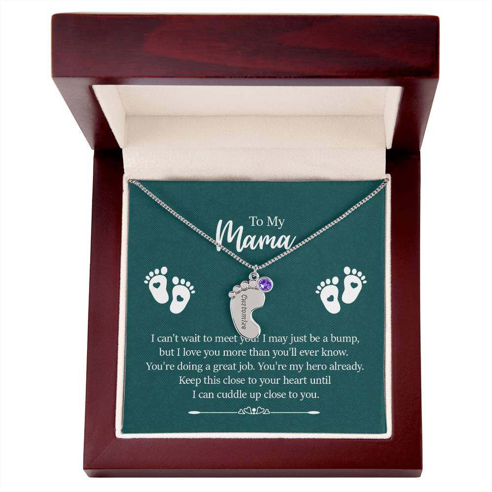 Engraved baby feet necklace with birthstone in a gift box, labeled "To My Mama."