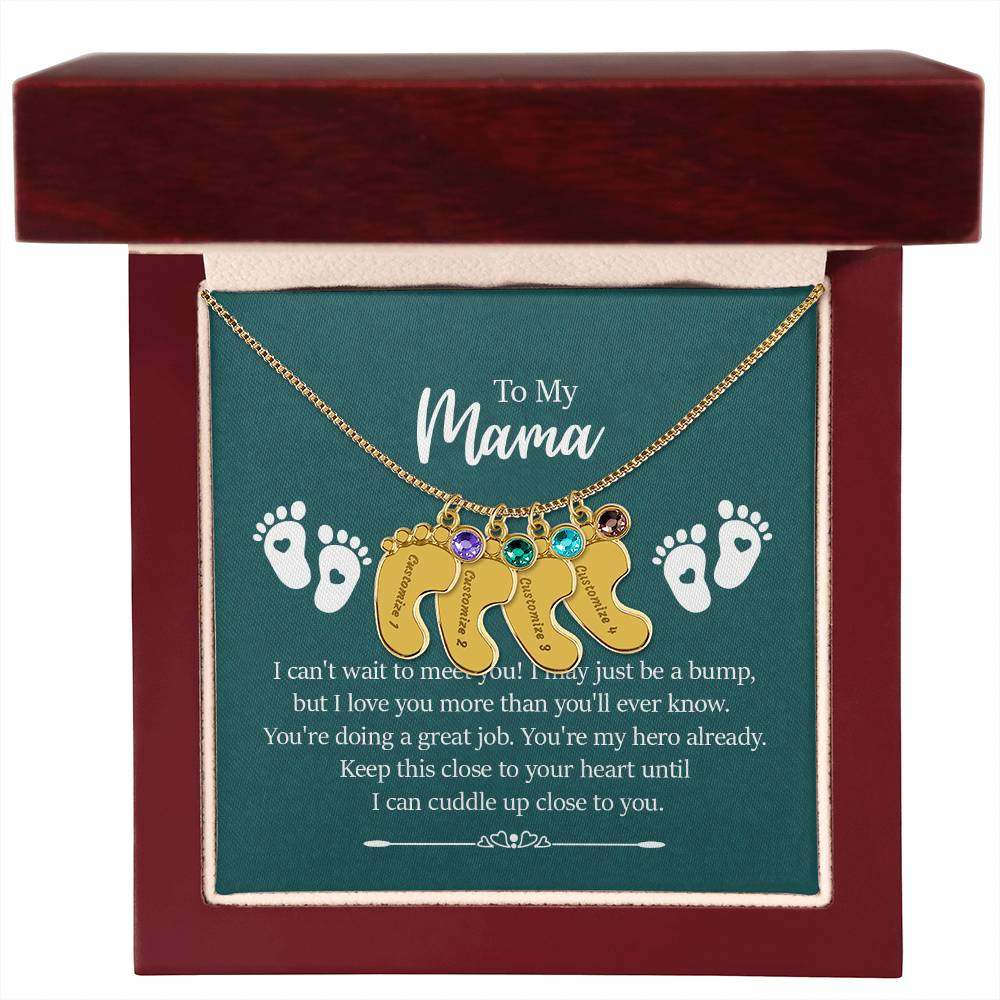 Engraved baby feet necklace with birthstones in gift box, "To My Mama" sentiment.