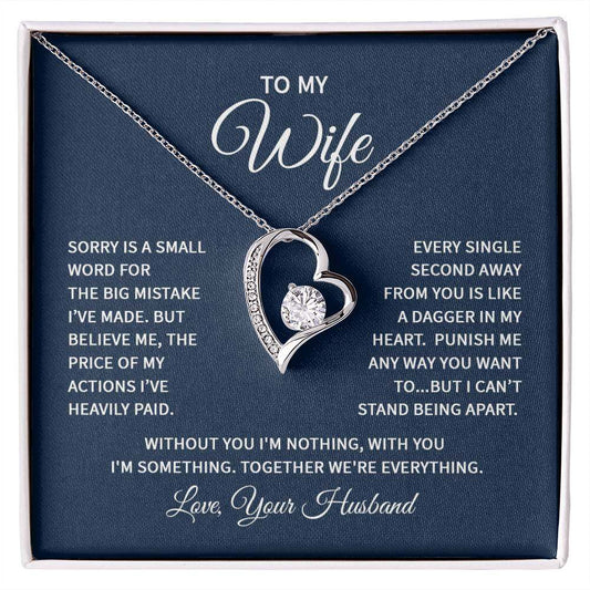 Wife heart necklace with CZ crystal pendant in gift box.