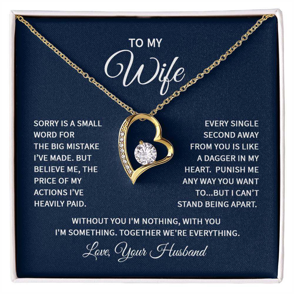 Wife heart necklace with CZ crystal in gold, gift box message background.