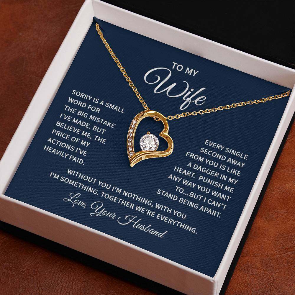 Wife heart necklace with CZ crystal, gold finish, gift box.