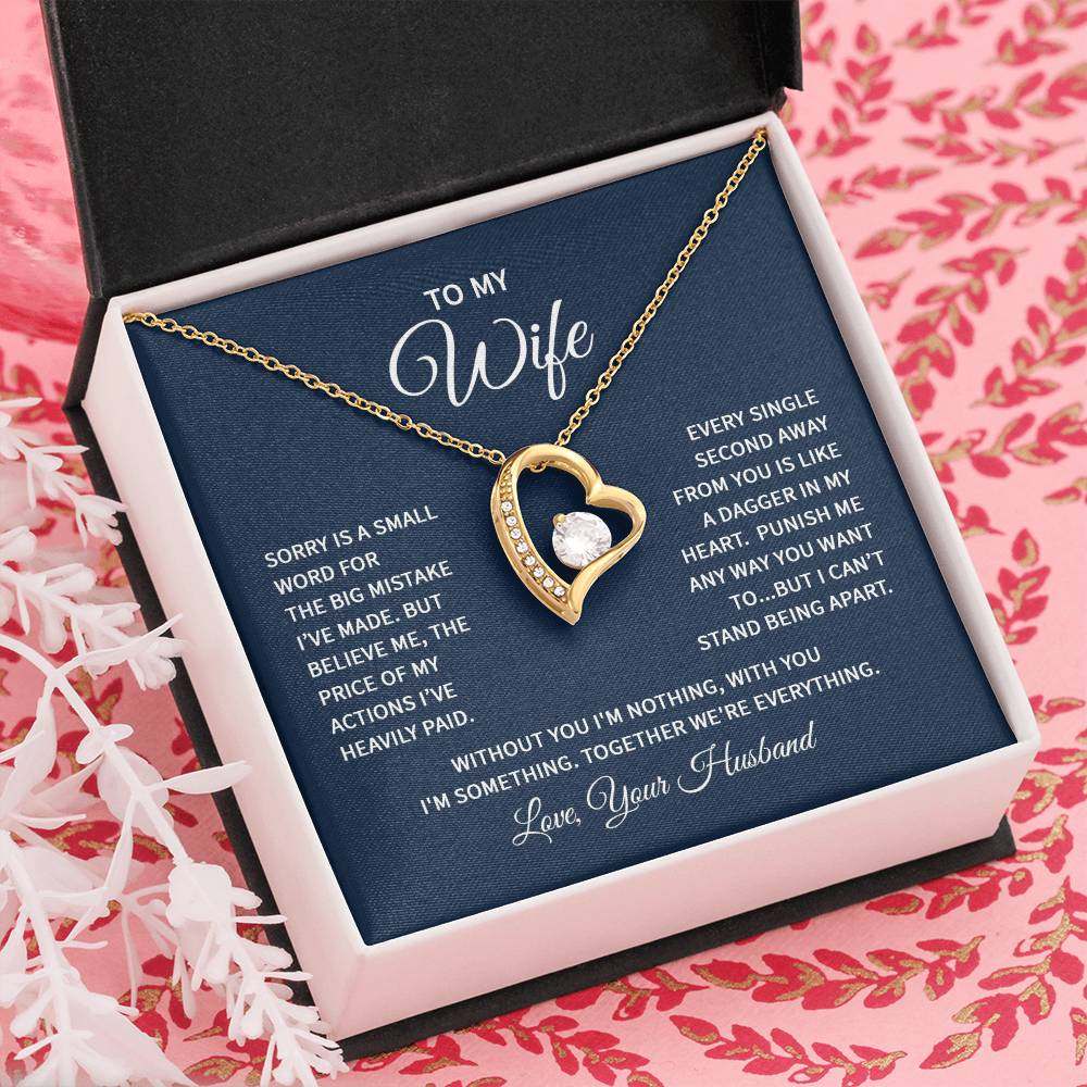 To My Wife heart necklace with CZ crystal and gold finish in gift box.