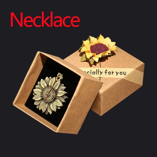 Sunflower Hidden Message Necklace in gift box, free with shipping.