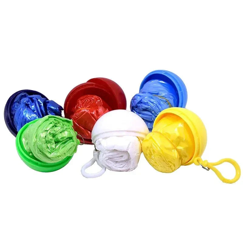 Colorful disposable rain ponchos with key ring for convenient rain protection.