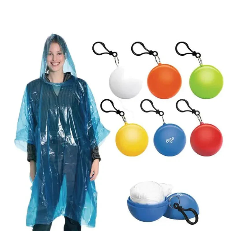 Disposable rain poncho with key ring in various colors, compact for travel and outdoor use.