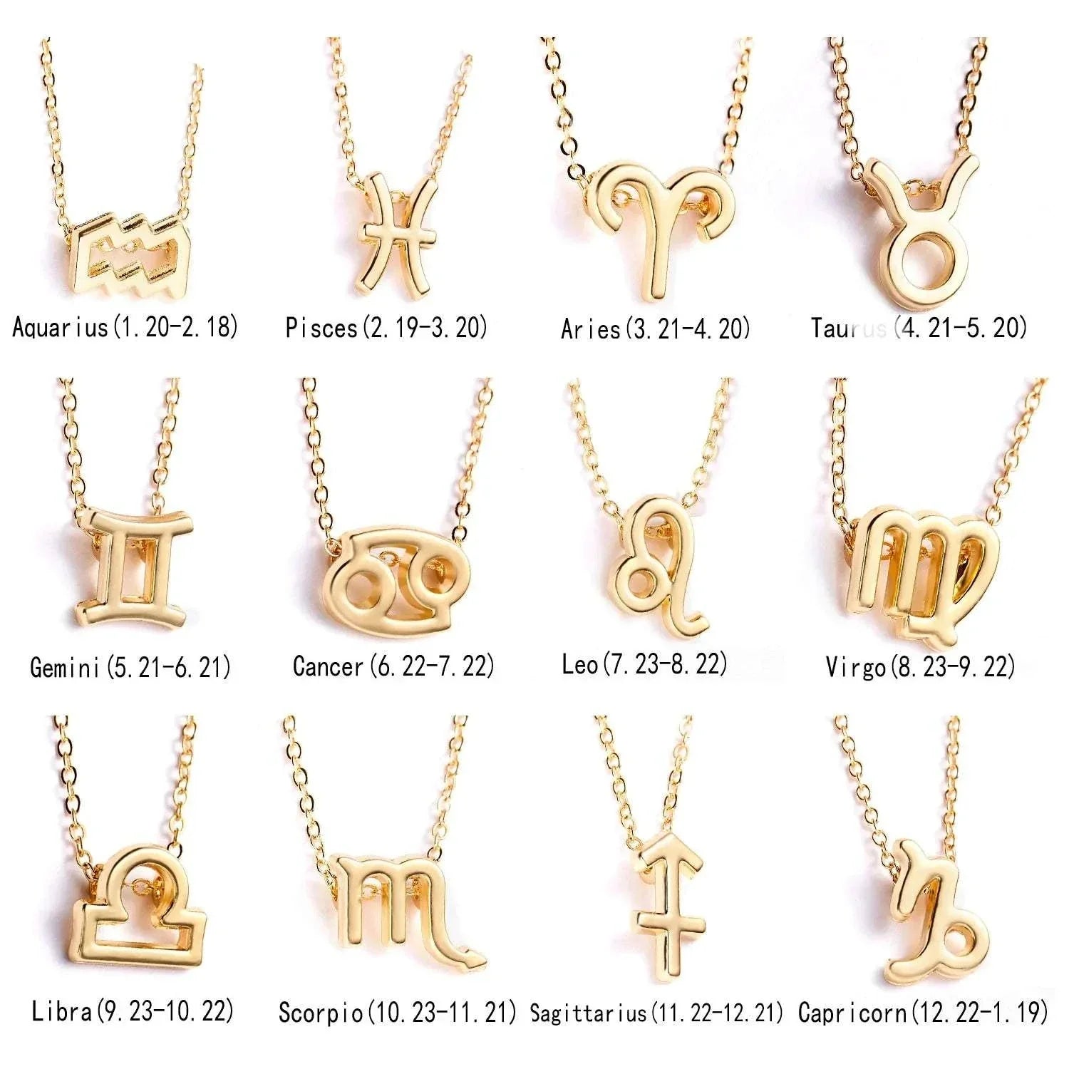  Zodiac Sign Pendant Necklace in gold with zodiac symbols, elegant link chain, personalized celestial charm.