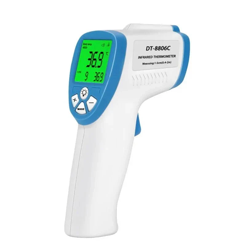 Digital infrared forehead thermometer with ergonomic design and easy-to-read display.