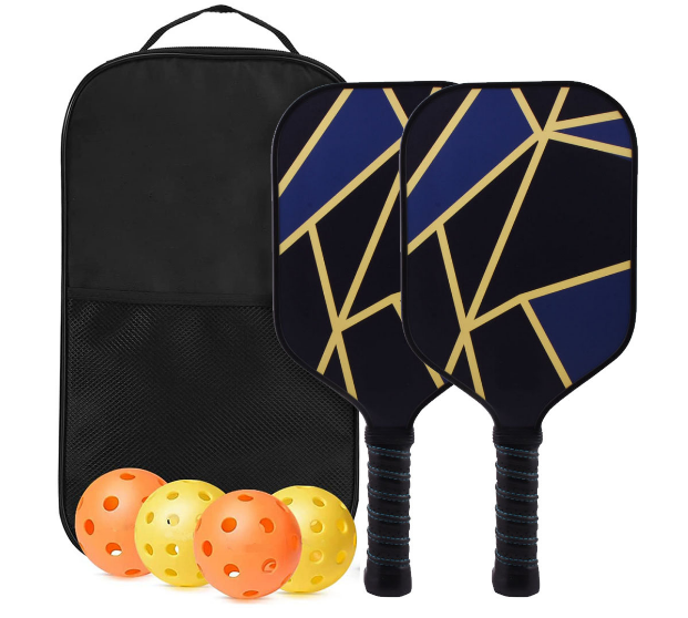 USAPA-approved Pickleball Paddle Set with two paddles, four balls, and a carrying bag.