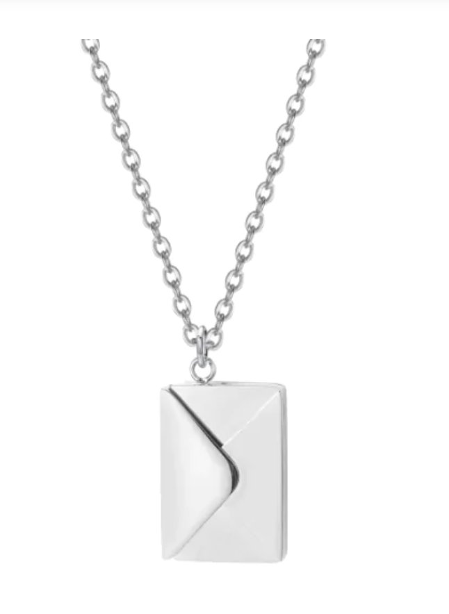 Sterling silver envelope necklace with classic design on chain.