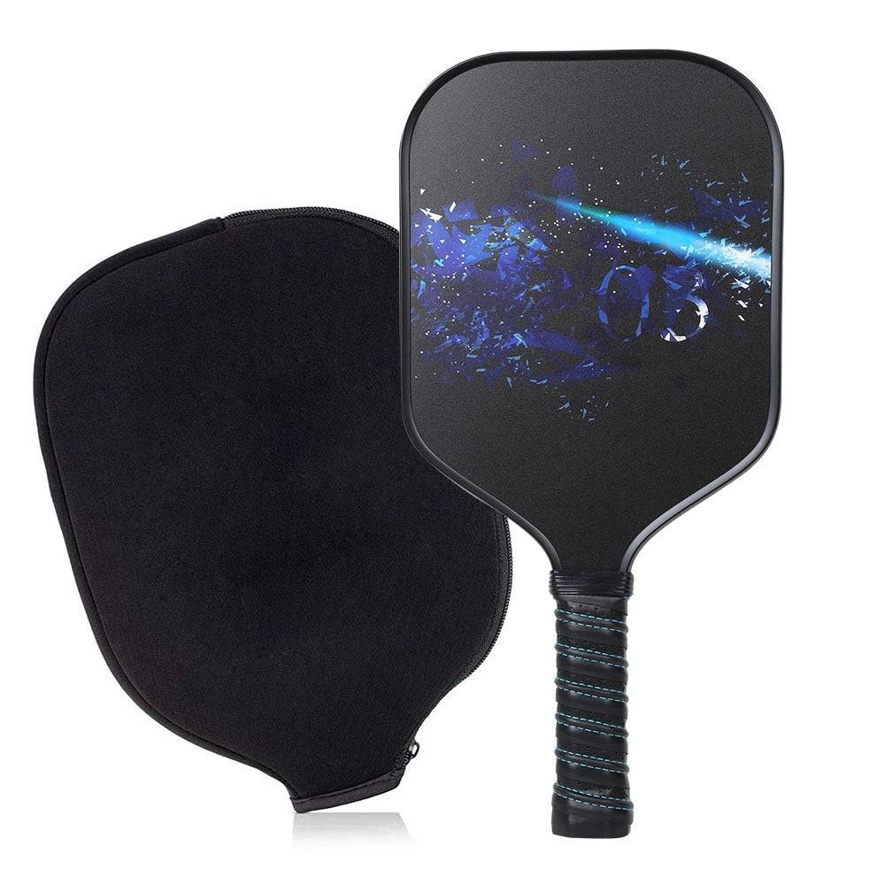 Pickleball Paddle Set with graphite surface and elongated handle, includes carrying bag and ball cover.