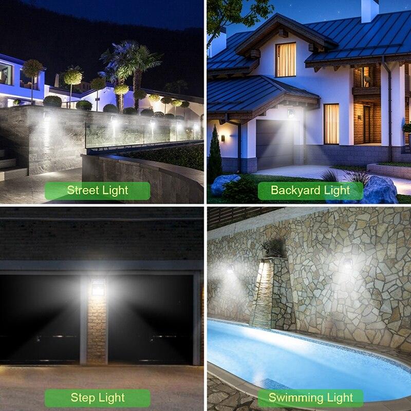 Garden Solar Lamp illuminating various outdoor areas: street, backyard, steps, and swimming pool.