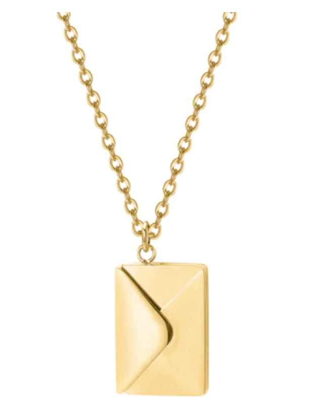 Gold envelope necklace on chain, customizable and crafted from sterling silver, timeless keepsake for capturing memories.