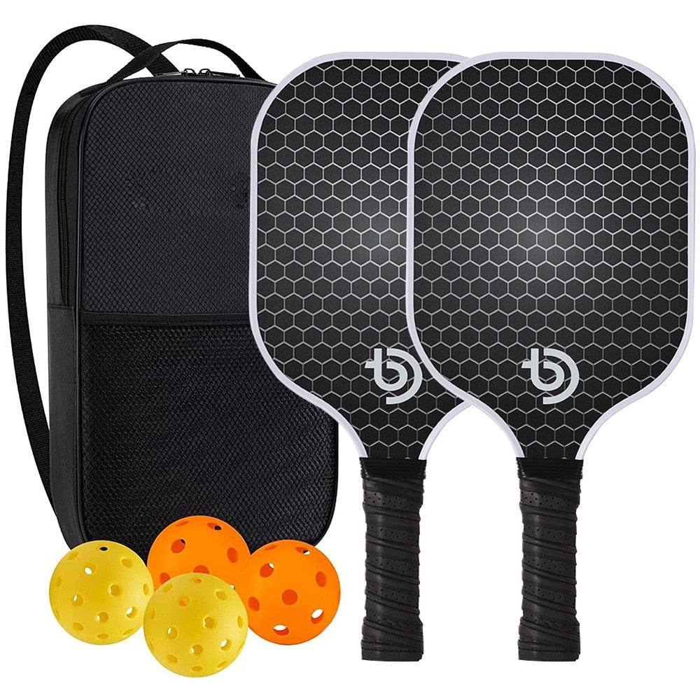 Pickleball Paddle Set with two graphite paddles, four balls, and carrying bag.