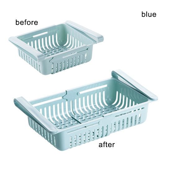 Shelf Kitchen Organizer in blue showing before and after extension for fridge storage improvement.